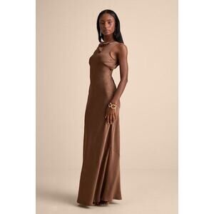 Lulus Alisha Brown Crinkle Satin Backless Maxi Dress - Size M
